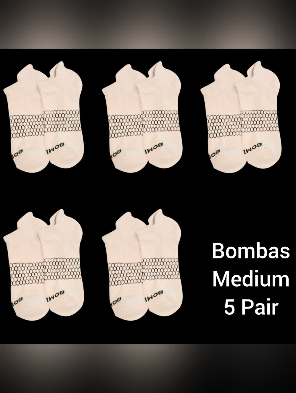 Bombas Medium Ankle Socks White & Black 5 Pair BNWT Unisex Honeycomb Arch Suppor